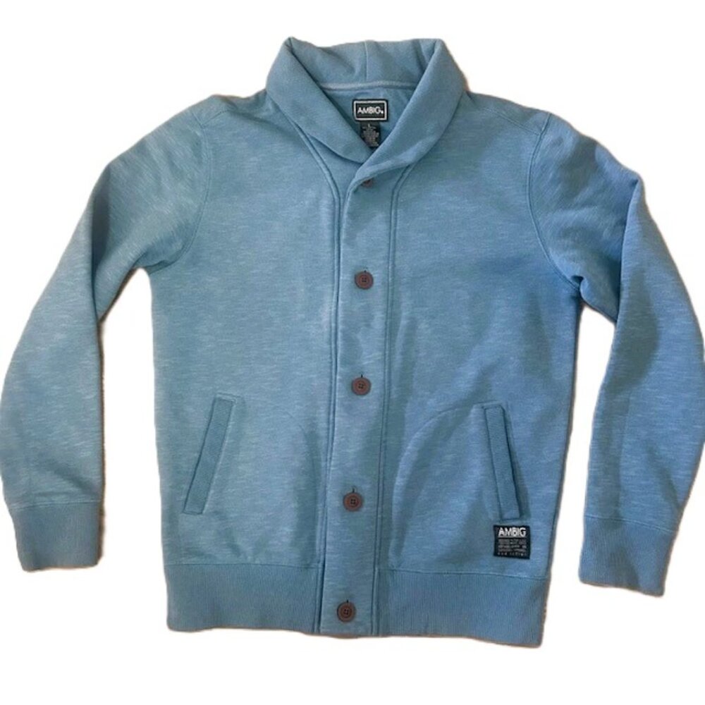 Ambig Mens Sweater Button Down Large Heather Blue Pockets Shawl Collar Read